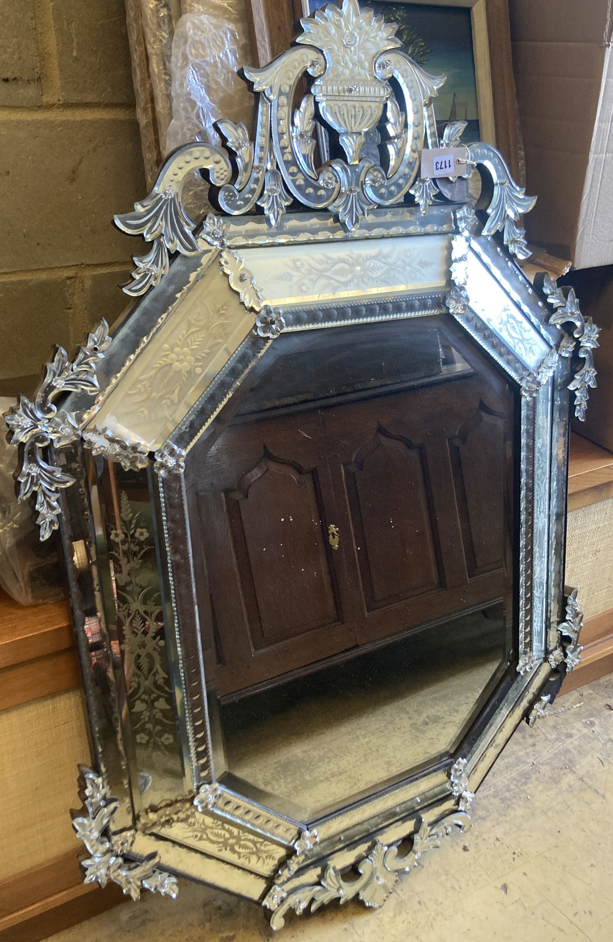 A 20th century Venetian octagonal etched and bevelled glass wall mirror, width 86cm, height 130cm